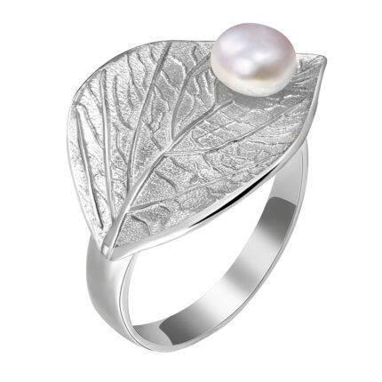 Leaf Silver white Gold plated Ring with pearl